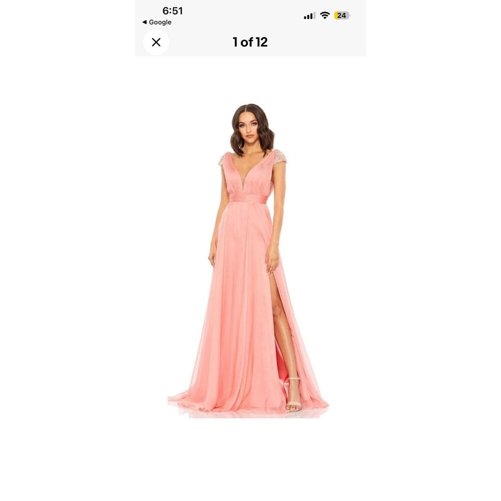MAC DUGGAL Size 16 Coral Gown Wedding Formal Ball Gown Pleated Bodice Sequins